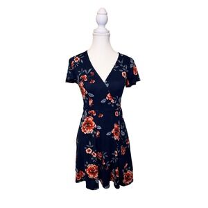 BCX Navy Floral Wrap Style Dress XS Stretch Short Sleeve